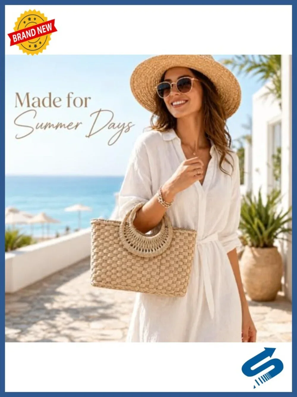 Hand-woven Straw Bag Summer Beach Tote Retro Rattan Clutch with Wood Handle
